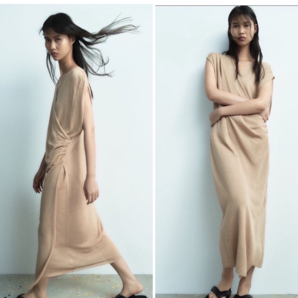 Zara Sand Linen Blend Wrap Front Ruched Midi Dress Size XL NWOT